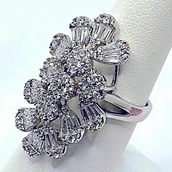 CZ Sterling Silver Baguette Large Cocktail Ring Sz 6 - Picture 2 of 6
